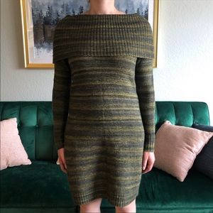 Maggy London Green Striped Cowl Neck Sweater Dress